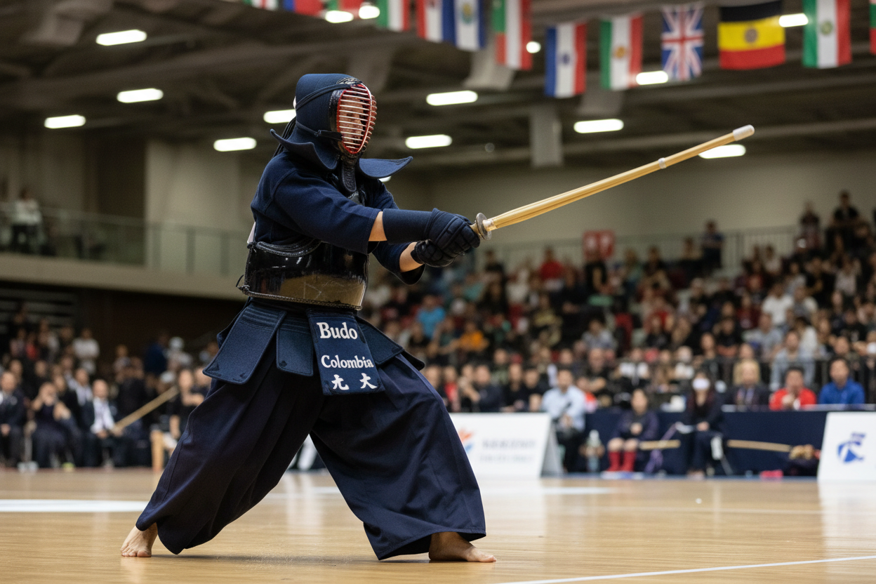 kendo player at the world kendo championships with a BudoColombia zekken